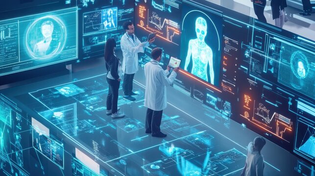 Scientists analyze complex human anatomical data displayed on large interactive digital screens within a high-tech medical research center that utilizes advanced holographic visualization technology.