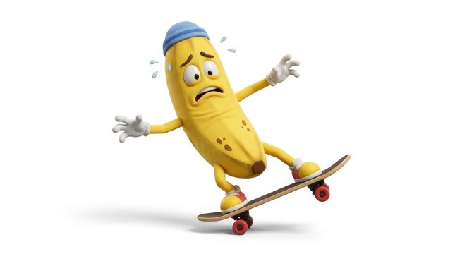 Banana on Skateboard with Anxious Expression: A cartoon banana character wearing a blue beanie and white gloves struggles to maintain balance while riding a skateboard.