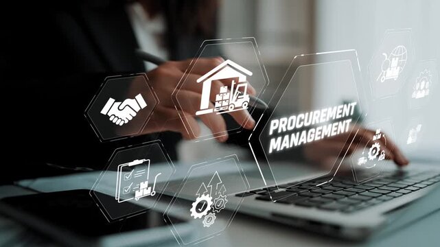 Abstract representation of procurement management with icons and hands on laptop, emphasizing digital solutions in business operations and supply chain efficiency Sigmoid