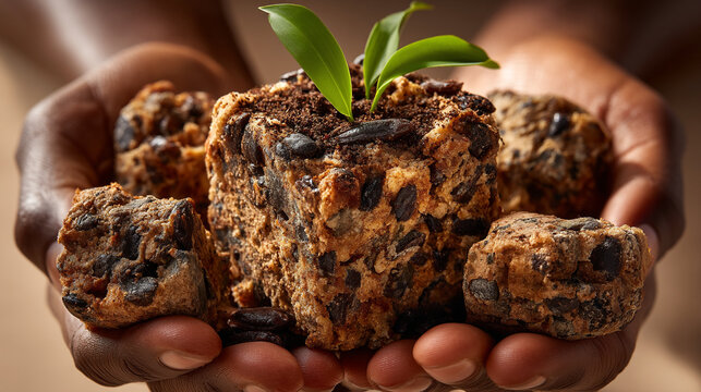 Hands holding cube shaped fruit cake decorated with green leaf, fruitcake