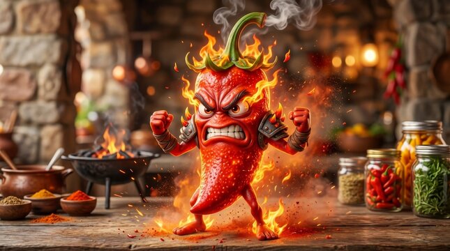 Inferno Pepper in Kitchen: A fierce cartoon pepper character, engulfed in flames with an angry expression and clenched fists, stands defiantly in a rustic kitchen setting.