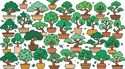 Fototapeta premium This vibrant vector illustration showcases a dense and diverse pattern of stylized cartoon bonsai trees in various decorative ceramic pots.