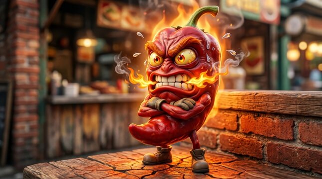 Angry Red Chili Pepper Character: A fiery red chili pepper with an angry face and crossed arms stands on a table, surrounded by flames and smoke, conveying intense heat and spicy flavor.