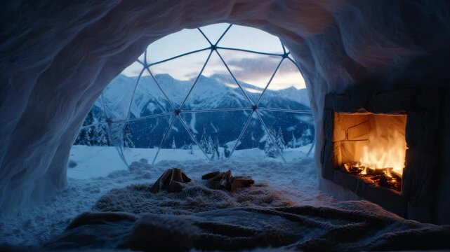 Snowy mountain landscape framed by icy cave opening where warm fire burns in a traditional stove.