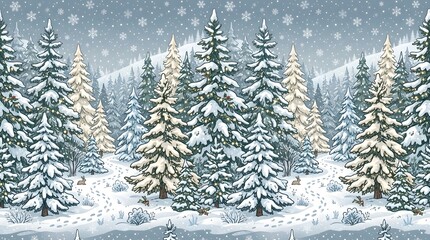 Obraz premium Seamless winter landscape illustration with snowy pine forest and snowfall.