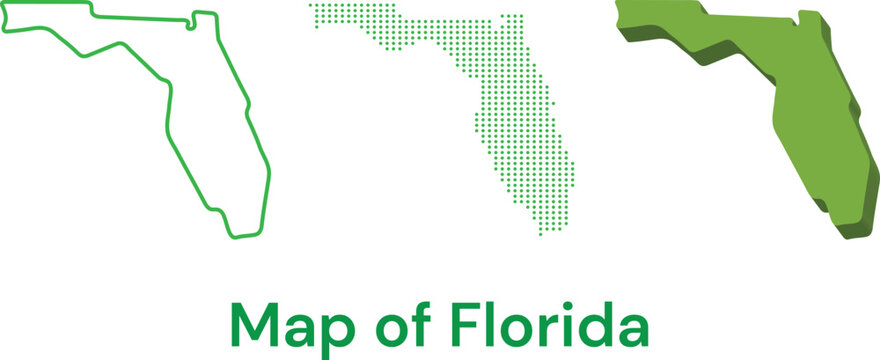 Florida state map vector icons. Outline, dotted and 3D isometric map shapes.