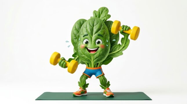 Spinach Character Lifting Weights: A smiling, anthropomorphic spinach character with muscular arms enthusiastically lifts dumbbells on a yoga mat, promoting a healthy and active lifestyle.