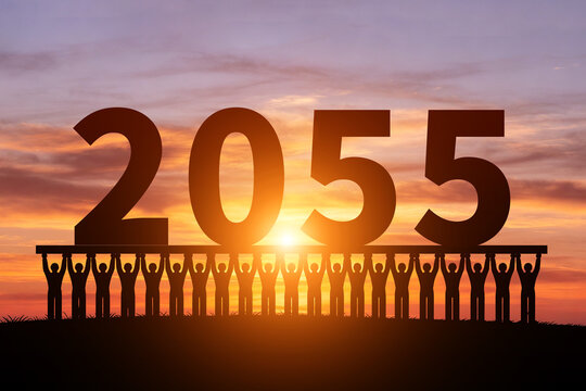 Numerous small figures silhouette in the morning sun, holding 2055