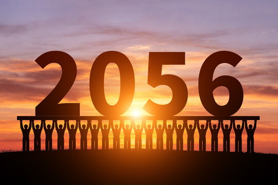 Numerous small figures silhouette in the morning sun, holding 2056