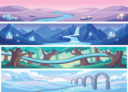 Fantasy Game Landscape Vector Banner Set Featuring Magic Forest, Crystal Mountains, Glowing Mushroom Hills, and Ancient Ruins for Side Scrolling Game Backgrounds