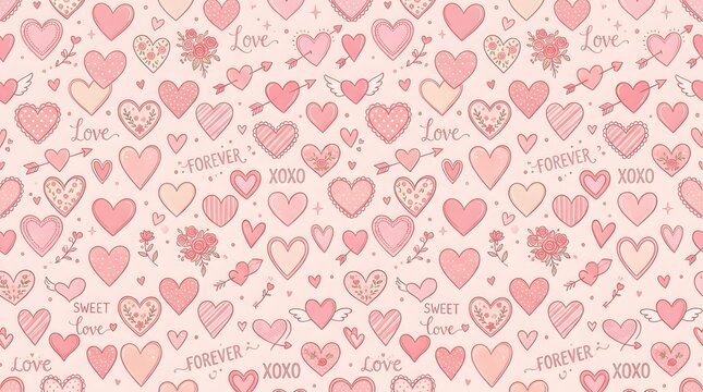 Seamless pattern with hand drawn pink hearts for Valentines Day.