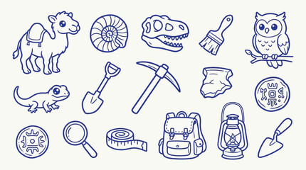 Collection of cartoon icons representing archaeology and paleontology, including fossils, tools, and animals. © zainab
