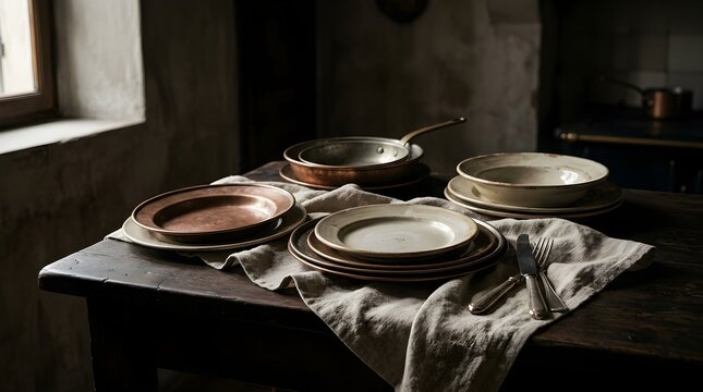 Rustic kitchen table setup with ceramic plates, copper pans, and cutlery in a vintage interior