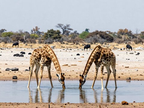 Giraffes Drinking at Waterhole in Etosha National Park