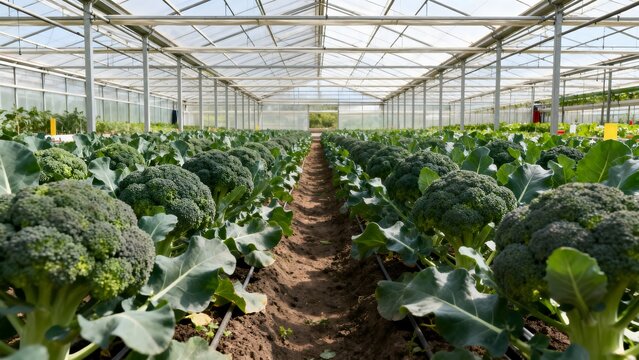 Modern Broccoli Greenhouse with Healthy Green Broccoli Plants