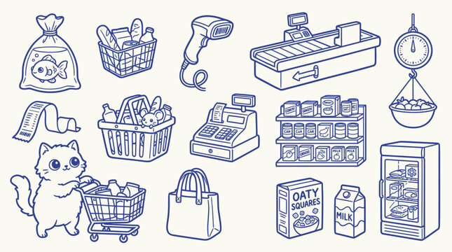 Cute cartoon cat pushing a shopping cart filled with groceries in a supermarket aisle with various items.