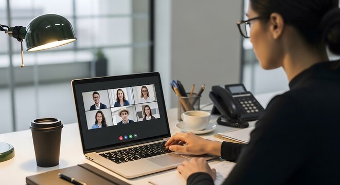 Remote Team Collaboration: Business Meeting on Laptop Video Conference Screen