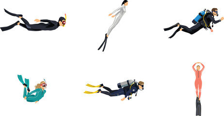 Scuba Diving and Freediving Character Set with Male and Female Divers Swimming Underwater Wearing Wetsuits, Oxygen Tanks, Masks, and Flippers © MstAkhlima