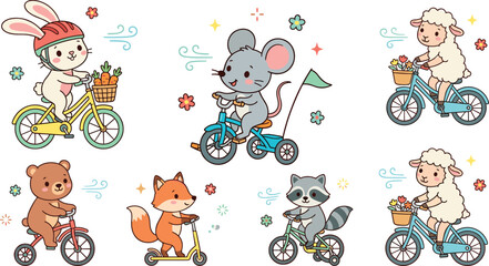 Cute Cartoon Animals Riding Bicycles Vector Set Featuring Bunny Mouse Sheep Bear Fox and Raccoon on Bikes and Scooters for Kids Graphic Designs