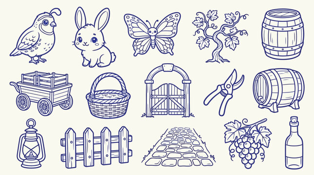 Collection of charming hand-drawn farm and garden elements, including animals, plants, and tools.
