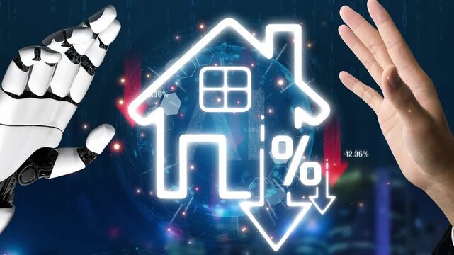 Futuristic Digital Concept Showcasing Real Estate Market Trends and Robotic Influence on Property Transactions and Home Valuation Sigmoid