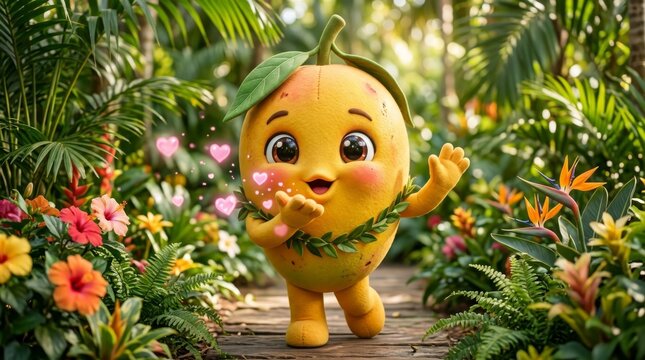 Mango Mascot in Tropical Paradise: A cute, anthropomorphic mango character with big eyes and a leaf hat, wearing a lei.