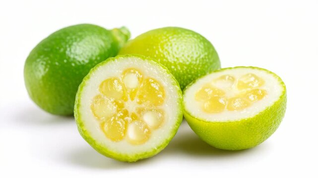 Bright yellow lime halves with juicy insides and vibrant green skins.