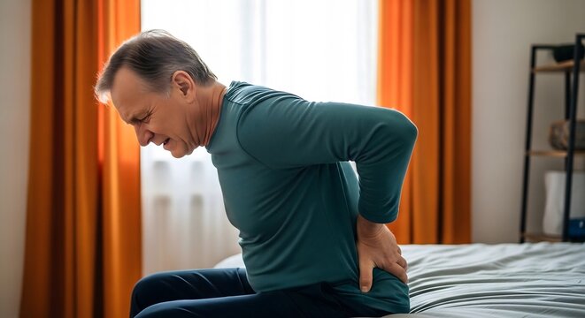 Mature Man Suffering from Chronic Lower Back Pain in Bed at Home