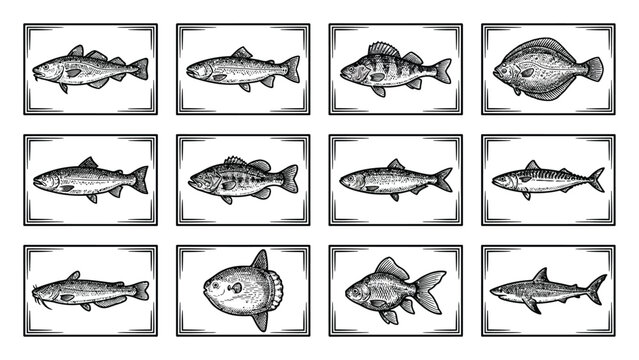 フレーム内のビンテージ風手描き魚のコレクション