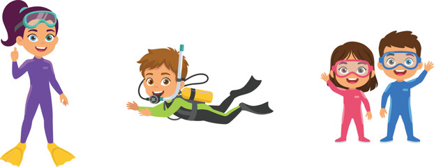 Cute Kids Scuba Diving and Snorkeling Vector Illustration Set with Happy Children Wearing Wetsuits, Goggles, Oxygen Tanks, and Swimming Flippers © MstAkhlima