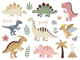 Cute Cartoon Dinosaur Collection with T-Rex, Brachiosaurus, and Triceratops © Eros