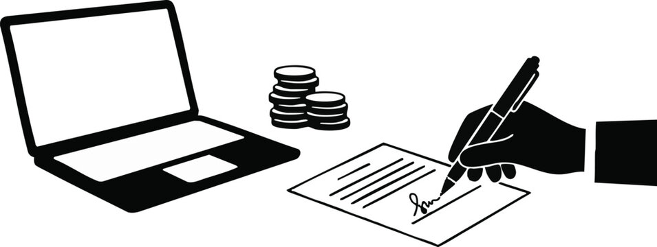 Businessman signs a contract on a desk with a laptop and a stack of coins nearby to finalize a successful corporate agreement.