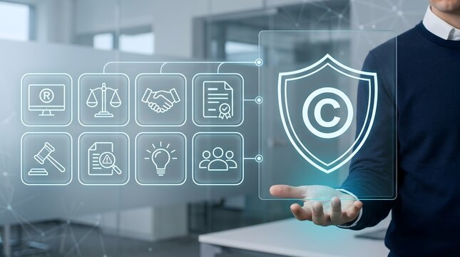 Corporate lawyer offering intellectual property protection and legal advisory services shown via floating holographic copyright and compliance dashboard