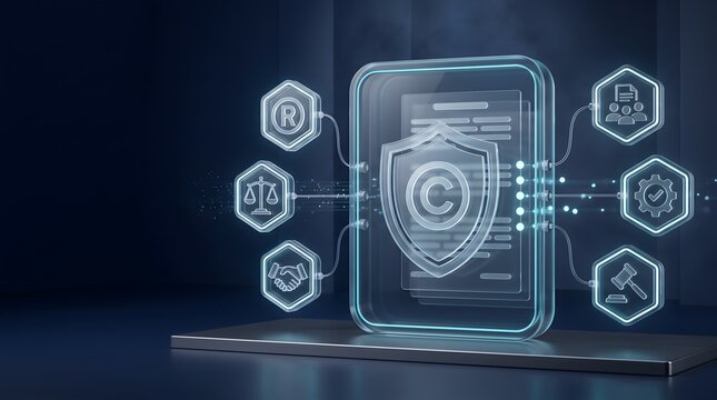 Intellectual property protection concept featuring glowing copyright shield hologram and connected legal technology nodes for digital rights management
