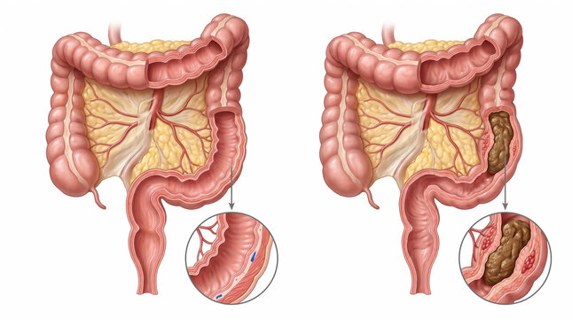 Medical illustration showing a comparison between a healthy large intestine and one affected by constipation with fecal impaction