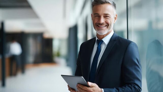Professional office setting with blurred background emphasizing the subject's confidence and competence