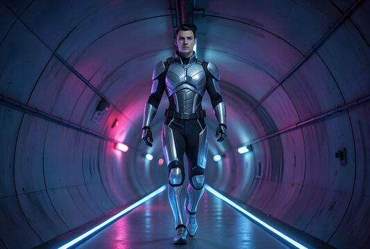 Futuristic male soldier in silver armor walking through a neon-lit tunnel, science fiction and technology concept, the tunnel features glowing blue and pink lights