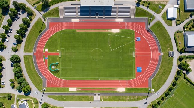Aerial view of a vibrant outdoor sports stadium with red running track, green football field, and empty stands under clear skies for training or competition.