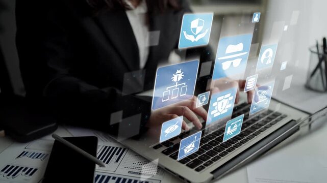 Cyber security icons show cyber attack defense, malware protection, and data security. Cybersecurity prevents hacking, ensures safety, and strengthens cyber attack resilience. Funnel