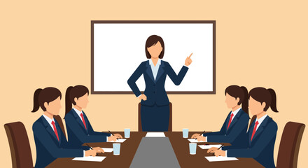 Obraz premium A dedicated female leader addresses her attentive staff during a structured corporate strategy meeting inside the office to ensure that every participant understands the objectives of the new