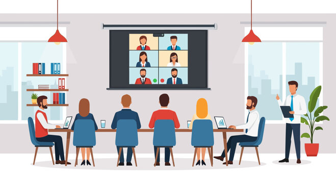 A team of diverse professionals gathers around a large conference table while participating in a remote video call with their global colleagues through a projector screen inside a corporate