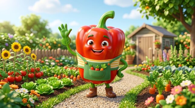 Happy Red Bell Pepper Character in Vegetable Garden: A cheerful red bell pepper character with a friendly smile and waving hand stands in a vibrant vegetable garden.