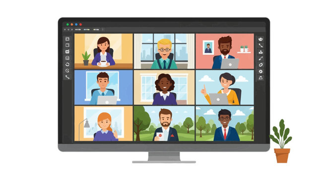 Diverse professionals gather for a virtual collaboration session displayed on a monitor screen to facilitate communication and remote teamwork strategies during an interactive web based