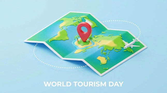 3D isometric world map with airplane and location pin