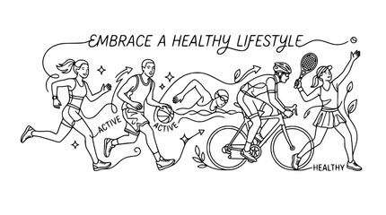 Obraz premium Healthy Lifestyle Collage: Running, Basketball, Swimming, Cycling, Tennis - Line Art