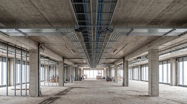 Empty unfinished commercial building interior with exposed concrete. Modern industrial construction site with raw architectural framework and natur...