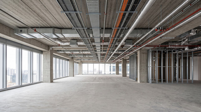 Empty modern commercial office space with exposed ductwork and concrete floors. Industrial loft-style interior ready for corporate build-out and te...
