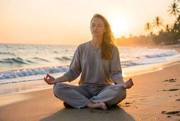 Fototapeta premium Woman meditating in lotus position on a sandy beach at sunset, promoting mindfulness, relaxation, and spiritual well being