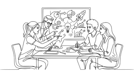 Obraz premium Business team brainstorming innovative ideas and strategy at a meeting table, line art illustration.