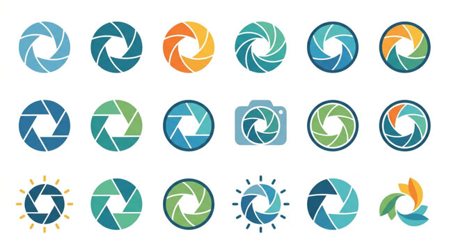 Colorful Circular Aperture Camera Lens Icons Set.